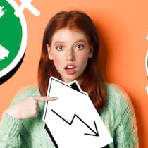 Wie sich Vermieter gegen tiefere Mieten sperren Eine Frau mit Hausschild, auf dem ein Pfeil nach unten abgebildet ist, vor durchgestrichenen Münzen und orangenem Hintergrund. Mit welchen Ausreden sich Vermieter gegen Mietreduktion wehren.