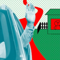 Darf das der Nachbar? Ein Mann winkt aus einem Auto heraus, daneben ein Haus mit einem bösen Strichmännchen. Was sind eigentlich Dienstbarkeiten?