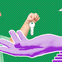 Wann Untermiete erlaubt ist – und wann nicht Ein Mann hält einen Schlüssel über eine übergrosse Hand, die aus einem Haus ragt. Was bei Untermiete gilt.