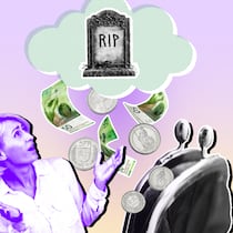 Zwei Cousinen geraten ins Visier von Erbensuchern Eine Frau vor einem geöffneten Portemonnaie, aus dem Geld fliegt. Darüber eine Wolke mit Grabstein. Was passiert, wenn Erben gesucht werden müssen.
