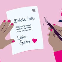 Spammer, macht eure Hausaufgaben! Illustration einer Frau, die einen Brief im Namen des Spams an einen User schreibt.