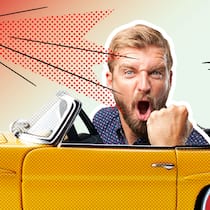 Elf Ausreden von Temposündern – und ihr Wahrheitsgehalt Ein schimpfender Mann in einem gelben Auto mit "Tempo 50" Reifen fährt an einem Blitzer vorbei. Diese Irrtümer kursieren beim Thema Tempo im Strassenverkehr.