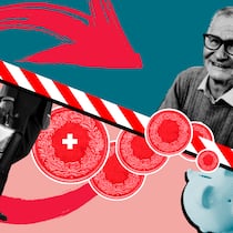 Altersvorsorge für Grenzgänger – so gehen Sie es richtig an Zollschranke trennt die untere Hälfte eines Geschäftsmannes von der oberen Hälfte eines Seniors. Dazwischen Münzen und ein Sparschwein. Was bei der Altersvorsorge für Grenzgänger zu beachten ist.