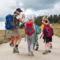 Eltern bezahlen 20 Millionen Franken zu viel für Schullager Caucasian hiker leading children on path in remote landscape
533766241