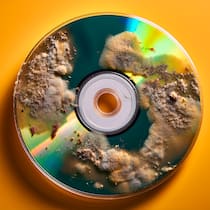 DVD-Fäule macht Filme kaputt Eine von Schimmel befallene DVD auf gelbem Grund