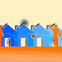 So bleibt das Elternhaus in der Familie Blaue Häuser und zwei orangene Paare, eines mit Krückstock, eines mit Kinderwagen. Wie man das Elternhaus in der Familie hält.