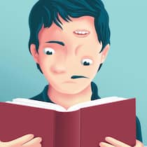 Wenn Silben und Zahlen zur Qual werden Illustration Kind mit chaotischem Gesicht und Buch. Lesen und Rechnen sind Fähigkeiten fürs Leben, die Kinder in der Schule erlernen. Manchen fällt das schwer. Je früher Lernstörungen erkannt werden, desto aussichtsreicher ist eine Therapie.