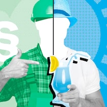 Muss ich meine Ferien in die Betriebsferien legen? Eine Silhouette eines Bauarbeiters ist in eine linke und rechte Hälfte geteilt. Die linke zeigt ihn in Uniform, die rechte im Ferienlook. Wenn Arbeitnehmende Ferien planen und beziehen, gelten arbeitsrechtliche Regeln, die in der Schweiz zur Anwendung kommen. Die häufigsten Fragen und Antworten zum Ferienbezug.