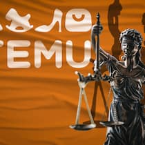 Temu arbeitet mit Schweizer Händlern – doch die Risiken für Käufer bleiben Collage: Temu-Schild mit Justizia-Figur -Der chinesische Online-Marktplatz Temu bindet zunehmend europäische Lager und Händler ein. Für Konsumentinnen ist das nicht unbedingt eine gute Nachricht