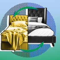 Gratis Ferienwohnung – so sichern Sie sich richtig ab Zwei verschiedene halbe Betten mit zwei Pfeilen vor grün-blauem Hintergrund. Wie Sie sich beim Wohnungstausch rechtlich absichern.