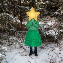 Auch das schwierigste Fest geht mal vorbei Ein Kind , gekleidet wie ein grüner Weihnachtsbaum, hält sich einen Weihnachtsstern vors Gesicht und steht in einem verschneiten Tannenwald.