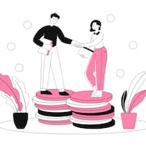 Die Dos und Don’ts bei der Lohnverhandlung Illustration: Mann und Frau geben sich die Hand, beide stehen auf Münzstapeln