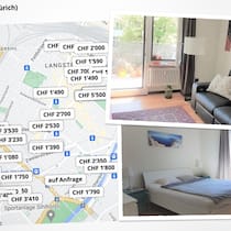 Die erstaunliche Geduld der Immo-Betrüger Karte von Zürich mit Wohnungsinseraten – rechts: 2 Bilder aus dem beschriebenen Fake-Inserat