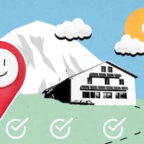 Diese Regeln gelten in Schweizer Berghütten Berghütte und Google-Maps-Punkt (Illu) - Die oberste Berghüttenwartin der Schweiz erzählt, was sich Gäste so erlauben. Und wie man es besser macht