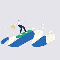 So bleiben Sie selbstbestimmt Ein Mann im Anzug und mit Koffer surft auf einer langen Liste umgeben von fliegenden Zetteln. Was Sie in Ihrem Vorsorgedossier regeln sollten.