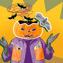 Diese Halloween-Streiche bringen Sie in Teufels Küche Ein Mann mit Kürbiskopf, aus dem Fledermäuse fliegen, mit fragendem Gestus. Was an Halloween als Fettnäpfchen gilt.