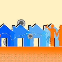 So bleibt das Elternhaus in der Familie Blaue Häuser und zwei orangene Paare, eines mit Krückstock, eines mit Kinderwagen. Wie man das Elternhaus in der Familie hält.