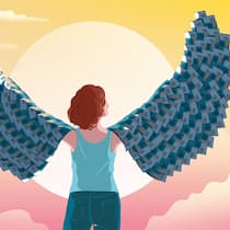 Wie eine 33-Jährige dank nur einer Regel frühzeitig in Rente gehen will Illustration: Frau mit Flügeln aus Banknoten - Nur so wenig Geld ausgeben wie nötig, so viel wie möglich sparen und investieren: Die 33-jährige Leonie will frühzeitig in Rente gehen. Dieser Lebensstil stösst auch auf Kritik