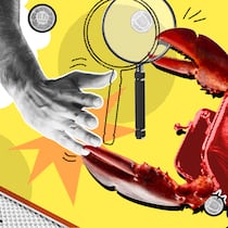 Bei diesen Fixkosten lässt sich viel Geld sparen Ein Krebs und eine Hand greifen nach einer Lupe vor gelbem Hintergrund mit Franken-Münzen – So senken Sie Ihre Ausgaben für Miete, Krankenkasse, Steuern und weiteren Fixkosten