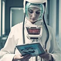 Der Geist, der aus der Maschine kommt Dieses Bild wurde mit künstlicher Intelligenz hergestellt: Eine futuristische Ärztin in einer Art Raumanzug mit Tablet