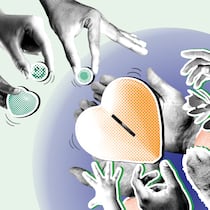 Spende ist nicht gleich Spende – darauf sollten Sie achten Drei Hände mit Münzen reichen zu einem Herz mit Geldschlitz. Pfoten, Hände und Pflanzen greifen nach dem Herz. Worauf man beim Spenden achten sollte.