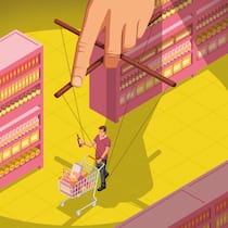 Warum wir kaufen, was wir kaufen Ein Konsument schlendert durch die Einkaufsregale eines Supermarkts und wird dabei von einer unbekannten Hand wie eine Marionette gesteuert.