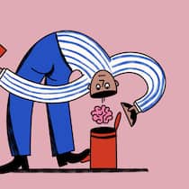 Warum wir plötzlich wieder für die Tonne arbeiten Illustration: Mann leert sein Gehirn in den Abfall - Es gibt jetzt einen Begriff für den KI-Müll im Arbeitsprozess: Workslop. Einige Beobachtungen zum Stand des Fortschritts