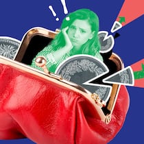 Mit diesen Lohnabzügen müssen Sie rechnen Ein rotes Portemonnaie, aus der eine Frau und Münzen schauen, von denen Stücke ausgeschnitten sind. Diese Abzüge werden von Ihrem Lohn gemacht.