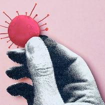 Russisches Roulette mit dem Virus? Illustration einer Hand, die das Covid-Symbol hält: Steigt das Langzeitfolgen-Risiko wirklich mit jeder Ansteckung?