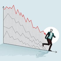 Diese vier Warnzeichen künden einen Börsencrash an Ein Diagramm mit fallenden Kursen, vor denen ein Anleger in Panik davonrennt - Die Börse verzeichnet Rekordkurse. Trotzdem schwebt die Angst vor einem Crash. Doch: Grosse Krisen folgten bisher oft einem Muster. So deuten Sie die Vorzeichen.