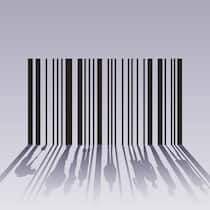Das skrupellose Geschäft der Menschenhändler Barcode mit Schatten aus Menschensilhouetten