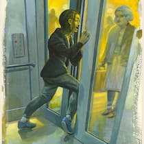 «Bin ich nicht krank genug?» Illustration: Frau klemmt sich Bein in Lifttür ein und wird schwer verletzt