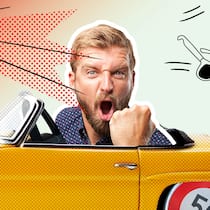 Elf Ausreden von Temposündern – und ihr Wahrheitsgehalt Ein schimpfender Mann in einem gelben Auto mit "Tempo 50" Reifen fährt an einem Blitzer vorbei. Diese Irrtümer kursieren beim Thema Tempo im Strassenverkehr.