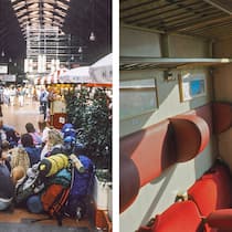Mit dem Zug nach Irgendwo Interrailer am Kopenhagener Hauptbahnhof (2004); Interieur eines alten Deutsche-Bahn-Waggons