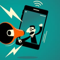 Aggressive Anrufer belästigen Autoverkäufer Illustration: Mann schreit mit Megaphon aus Smartphone