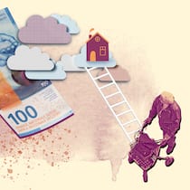 Was ein Pflegeheim wirklich kostet Ein Senior geht mit einem Rollator und blickt dabei auf ein Haus in den Wolken, um das zwei Hunderternoten angelegt sind. Wer in ein Alters- oder Pflegeheim zieht, fragt sich, was das alles kostet. Ein Überblick zu den Heimkosten