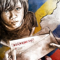 Weggewiesen statt beschützt Illustration: Mutter hält Wegweisungsentschied in der Hand, Sohn guckt traurig