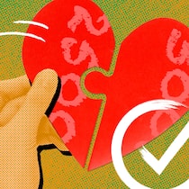 Mit welcher Franchise zahlen wir weniger? Eine Hand hält ein halbes Herz mit 1500 darauf, eine andere ein Herz-Puzzle aus zwei Teilen mit unterschiedlichen Werten. Davor sind ein Kreuz und ein Haken. Mit welcher Franchise spart man am meisten.