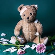 So teuer können Kampfscheidungen werden Teddybär umgeben von Glassplittern und Blumen