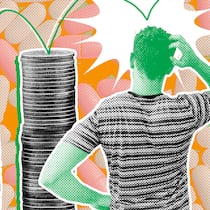 Kasse oder Modell wechseln – so können Sie sparen Drei gestapelte Münztürme vor einem Mann in Rückansicht, der sich am Kopf kratzt, vor einem Hintergrund mit Pillen - Wie Sie trotz höherer Krankenkassenprämien Geld sparen – die Tipps des Beobachters.