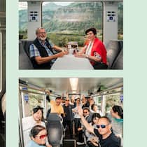 So geht entspanntes Reisen Collage aus drei Bildern: ein junges chinesisches Paar im SBB-Zug, ein älteres Schweizer Paar im SBB-Zug, eine lachende Touristengruppe in einem Zugswagen posiert fürs Foto