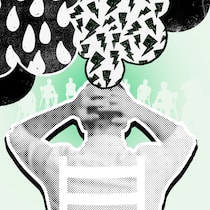 Depressionen bei Männern bleiben oft unerkannt – mit fatalen Folgen Ein Mann in der Rückansicht fässt sich mit beiden Händen an den Kopf, darüber sind dunkle Wolken mit Regentropfen und Blitzen. Wie sich Depressionen bei Männern äussern.