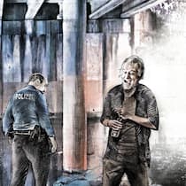Zum Monster gemacht Illustration: Mann mit zwei Polizisten