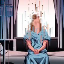 Jetzt wirds richtig gefährlich Illustration: Verpixelte Patientin sitzt auf Spitalbett