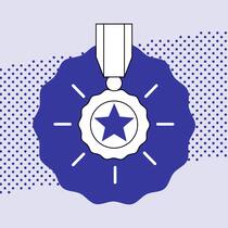 Wer ist Ihre Heldin, Ihr Held? Illustration eines Ehrenabzeichens vor blauem Hintergrund