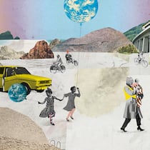 Geht Klimaschutz nur für Reiche? Illustration einer Landschaft mit einer Zugbrücke im Hintergrund und einem Strand im Vordergrund, auf dem zwei Kinder herumtollen, mit einem Ballon in der Hand, der der Weltkugel gleicht.