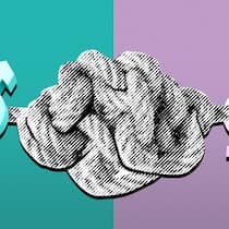 Wie kommt Frau zu mehr Rente? Illustration: Knoten mit männlichem und weiblichem Symbol auf türkisem und lila Hintergrund. Das AHV-Alter der Frauen steigt – im Gegenzug wurde ihnen eine bessere zweite Säule in Aussicht gestellt. Es scheint ein leeres Versprechen zu bleiben.