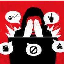 Und täglich postet der Hater Eine Frau sitzt vor einem Laptop und hält sich die Augen zu. Aus dem Bildschirm drängen Sprechblasen mit gewalttätigen Symbolen.