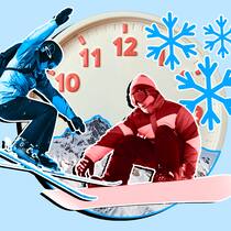 Wo ein Tag Skifahren 120 Franken kostet Wo ist Skifahren am Teuersten? In St. Moritz. Illustration von Skifahrern und Snowboardern vor einer Uhr