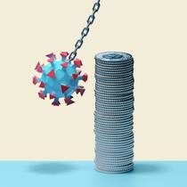 Wer hat Milliarden eingenommen, wer Milliarden draufgezahlt? Illustration: Stapel von Münzen und ein schwebendes Coronavirus-Pendel